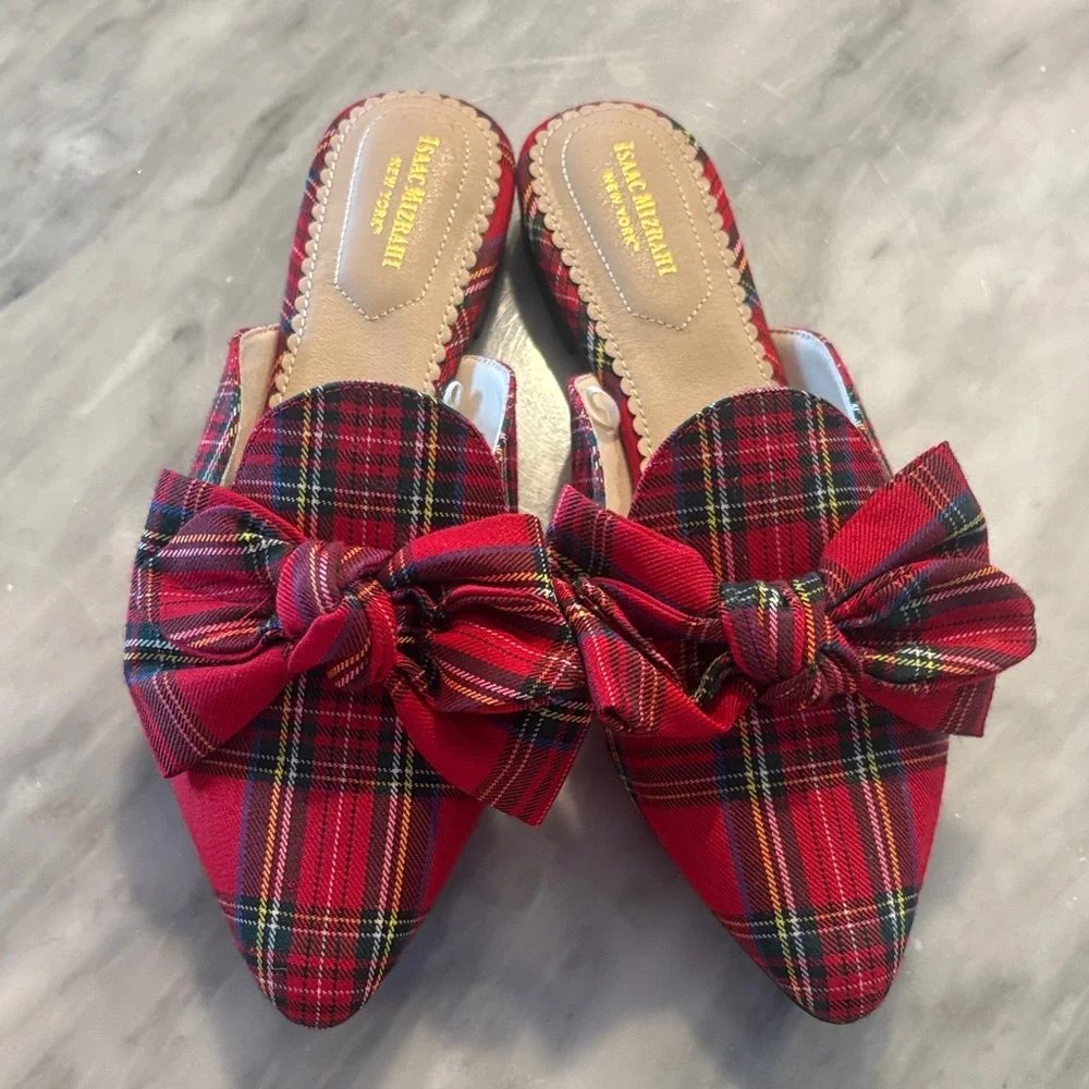 Isaac Mizrahi Red Plaid Bow Mules - Picture 1 of 1